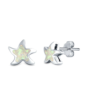 Starfish Stud Earrings Lab Created White Opal 925 Sterling Silver (9mm)